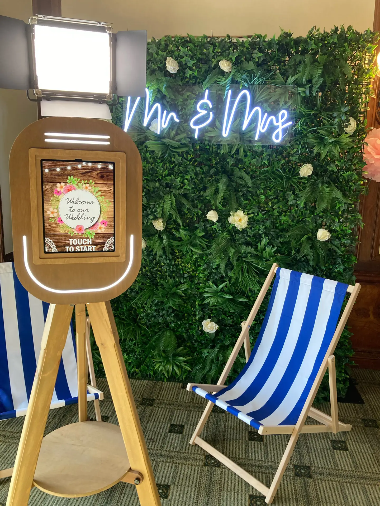 Home 2 Vintage selfie pod photo booth with neon sign at a wedding in Cumbria